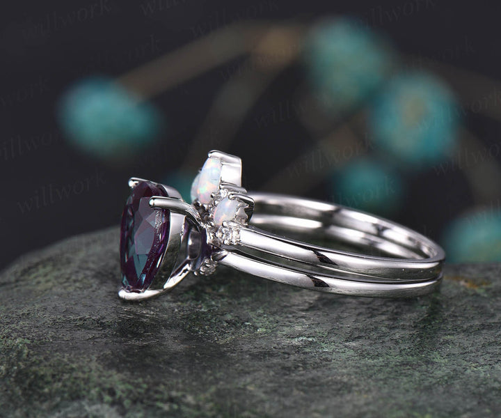 Alexandrite bridal set marquise opal wedding ring band unique moissanite ring 2pcs Teardrop Alexandrite engagement ring set white gold