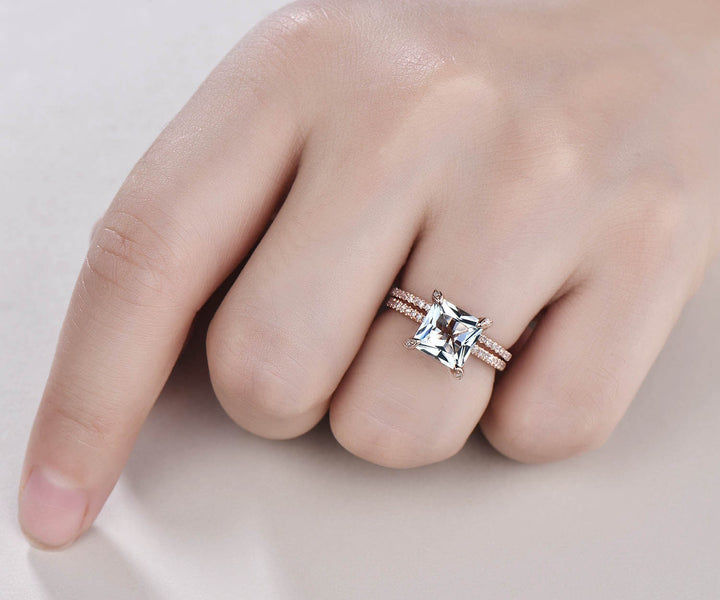 Vintage unique Princess cut engagement ring 2pcs natural aquamarine engagement ring set rose gold March birthstone ring custom fine jewelry