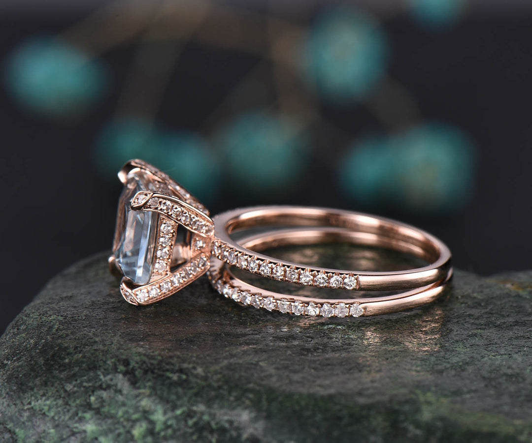 Vintage unique Princess cut engagement ring 2pcs natural aquamarine engagement ring set rose gold March birthstone ring custom fine jewelry