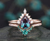 Rose gold ring set emerald bridal set 2pcs pear cut Alexandrite engagement ring set moissanite ring crown marquise unique vintage ring band