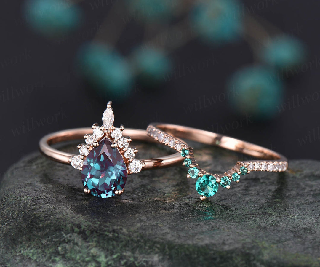 Rose gold ring set emerald bridal set 2pcs pear cut Alexandrite engagement ring set moissanite ring crown marquise unique vintage ring band