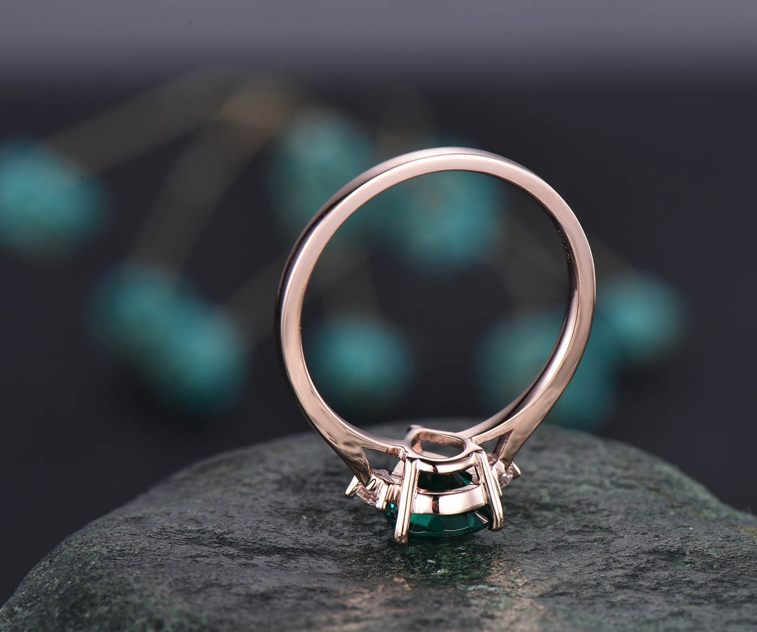 Pear shaped emerald engagement ring three stone ring diamond ring for women solid rose gold vintage unique ring May birthstone ring gift