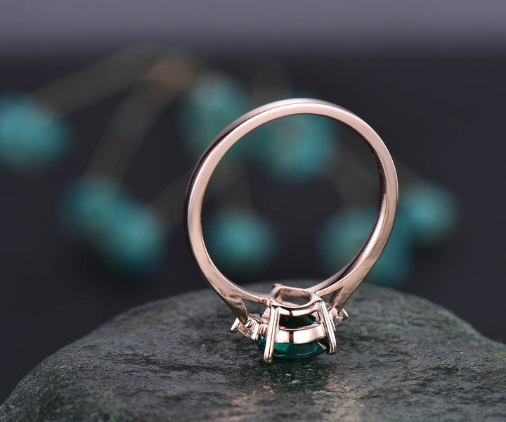 Pear shaped emerald engagement ring three stone ring diamond ring for women solid rose gold vintage unique ring May birthstone ring gift
