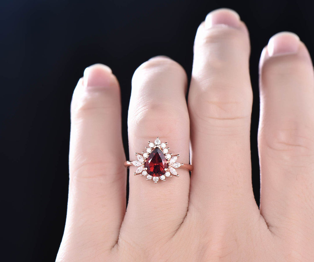 6x8mm pear garnet ring unique vintage garnet engagement ring rose gold ring Personalized marquise moissanite ring January birthstone ring