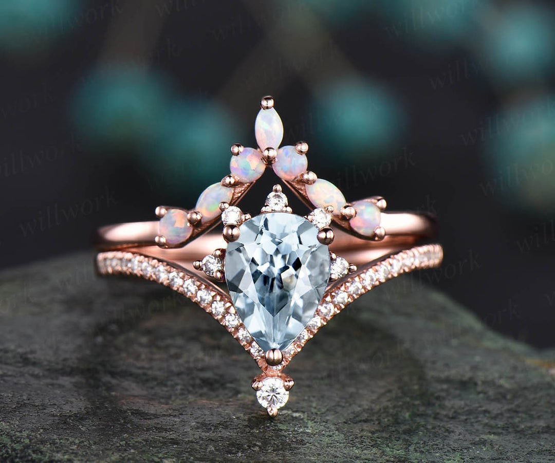 Vintage moissanite ring opal ring gold 2pcs teardrop aquamarine engagement ring set 14k 18k rose gold birthstone custom unique jewelry gift