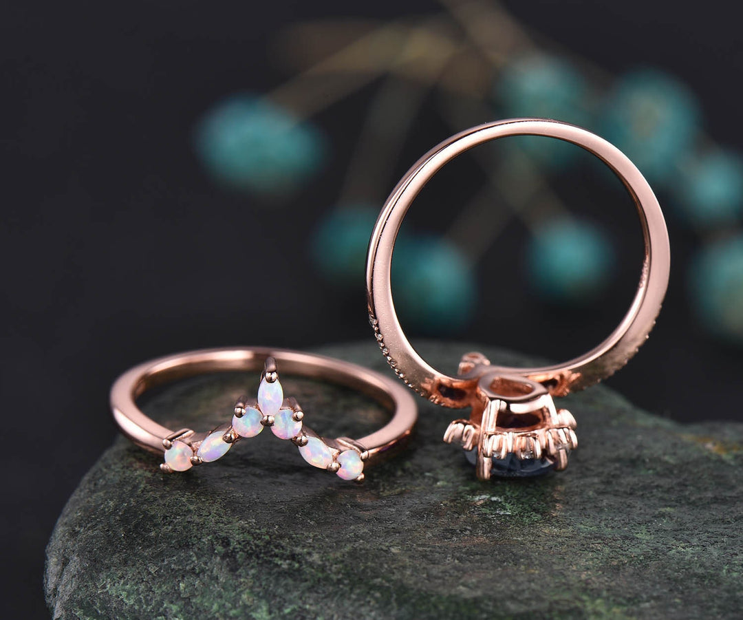 Vintage moissanite ring opal ring gold 2pcs teardrop aquamarine engagement ring set 14k 18k rose gold birthstone custom unique jewelry gift