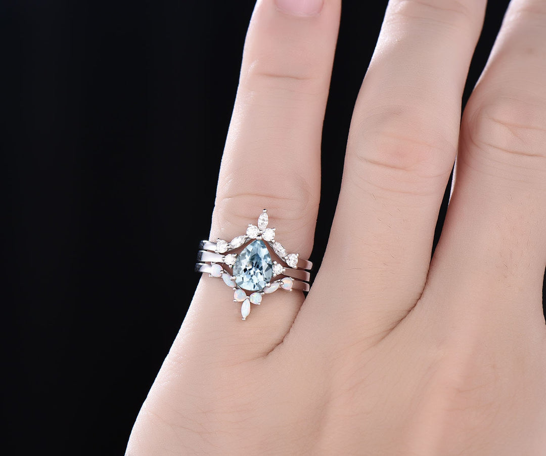 Curved marquise opal ring moissanite wedding bridal set 3pcs pear aquamarine engagement ring set rose gold March birthstone ring jewelry