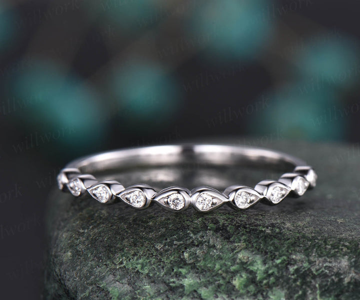 Unique vintage teardrop ring half diamond wedding band 14k white gold ring stacking matching ring anniversary birthday graduation gift