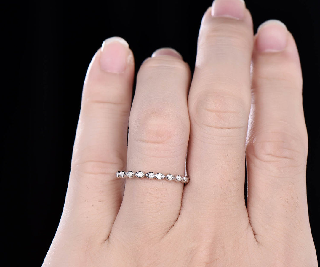 Unique vintage teardrop ring half diamond wedding band 14k white gold ring stacking matching ring anniversary birthday graduation gift