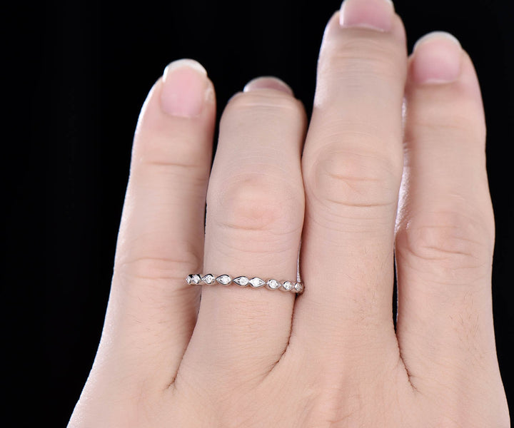 Unique vintage teardrop ring half diamond wedding band 14k white gold ring stacking matching ring anniversary birthday graduation gift