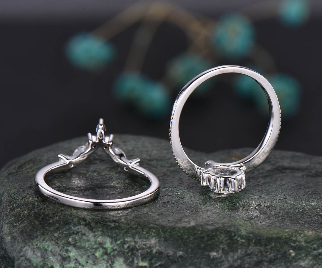 2pcs pear moonstone ring gold vintage moonstone engagement ring set white gold June birthstone ring cluster moissanite ring bridal set gift