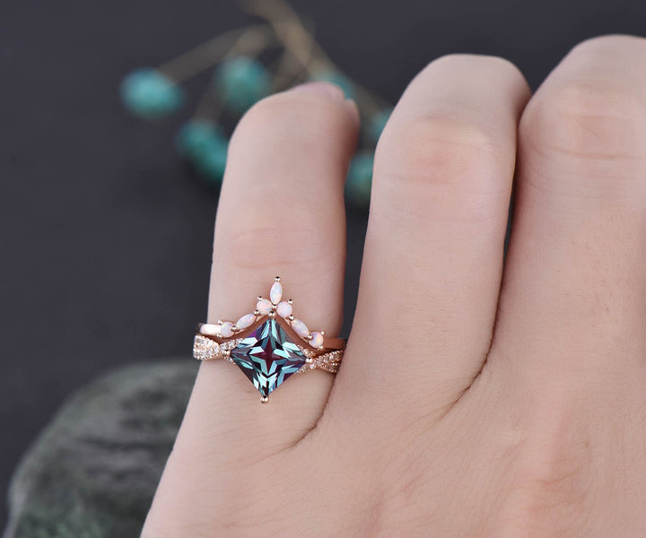 Marquise opal ring twisted diamond ring 2pcs princess cut Alexandrite engagement ring set solid 14k rose gold unique vintage ring jewelry