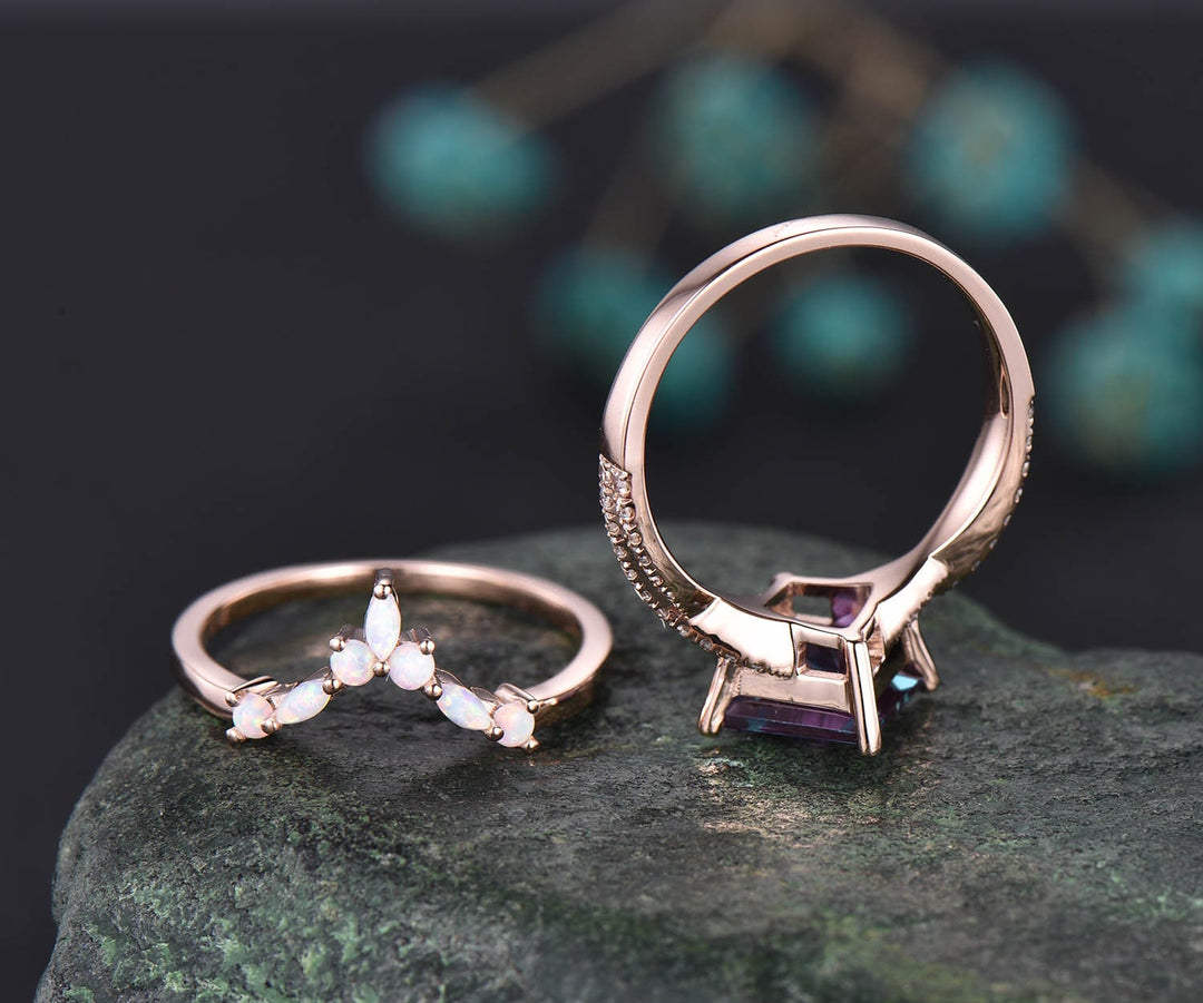 Only 1pcs Marquise opal wedding ring matching band solid 14k rose gold unique vintage ring curved special jewelry