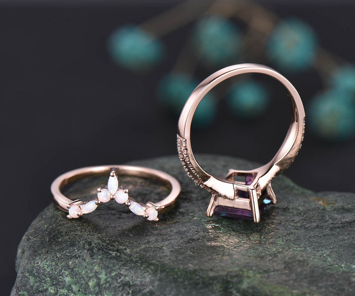 Only 1pcs Marquise opal wedding ring matching band solid 14k rose gold unique vintage ring curved special jewelry