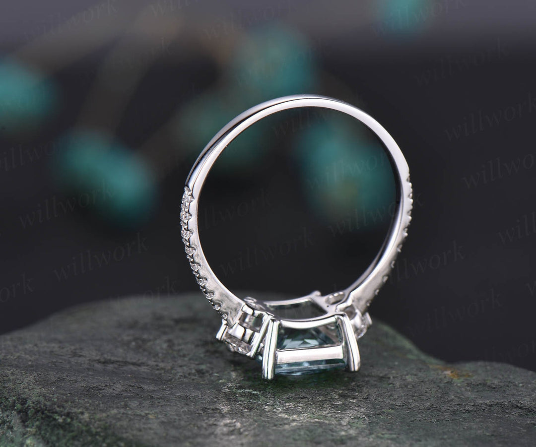 Princess cut aquamarine ring white gold unique vintage aquamarine engagement ring diamond moissanite March birthstone ring custom jewelry