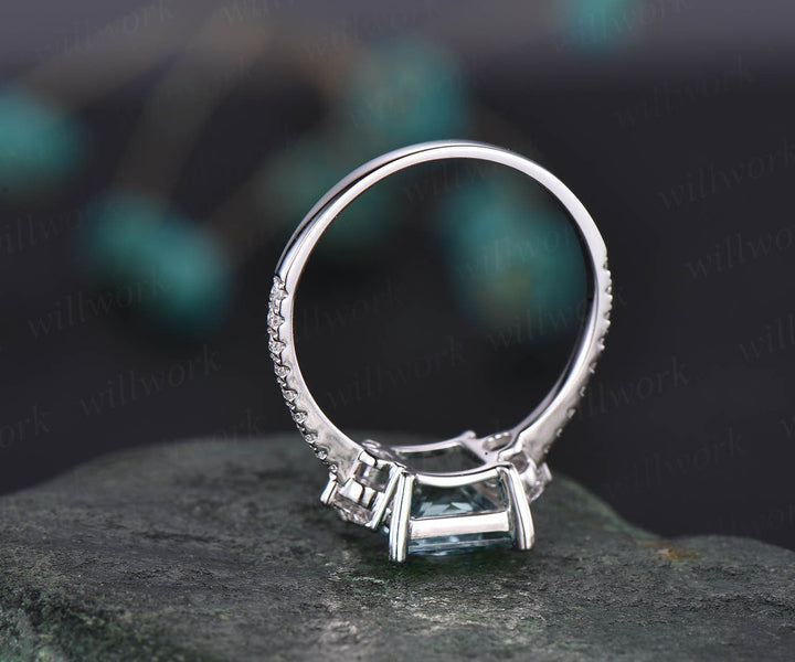 Princess cut aquamarine ring white gold unique vintage aquamarine engagement ring diamond moissanite March birthstone ring custom jewelry
