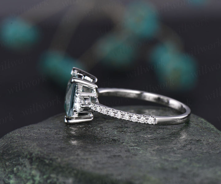 Princess cut aquamarine ring white gold unique vintage aquamarine engagement ring diamond moissanite March birthstone ring custom jewelry