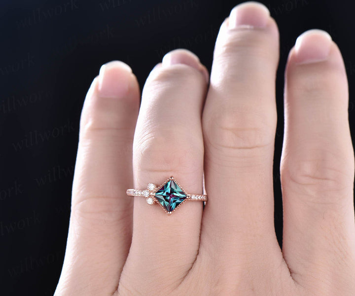 7mm princess cut Alexandrite ring unique vintage Alexandrite engagement ring rose gold ring Personalized diamond ring June birthstone ring