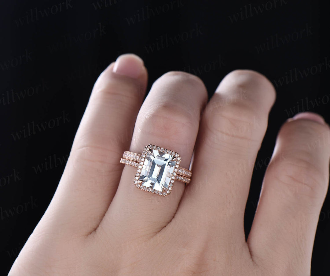 Aquamarine Rose gold ring set 8x10mm emerald cut aquamarine engagement ring vintage diamond halo ring wedding bridal ring set jewelry