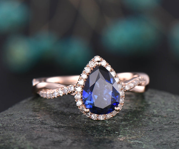 Pear shaped sapphire engagement ring vintage sapphire jewelry twisted infinity diamond ring rose gold bridal ring September birthstone ring