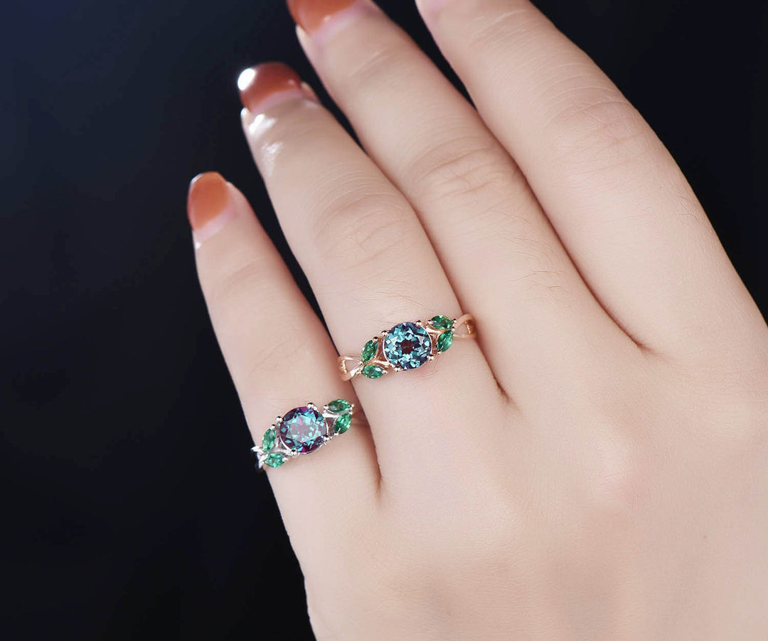 Unique engagement ring vintage engagement ring Alexandrite engagement ring white gold marquise emerald ring gold wedding anniversary gift