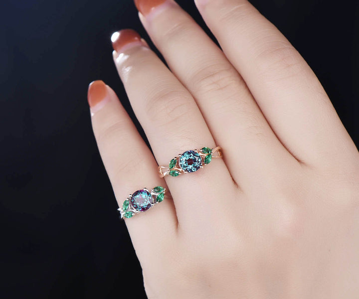 Unique engagement ring vintage engagement ring Alexandrite engagement ring white gold marquise emerald ring gold wedding anniversary gift