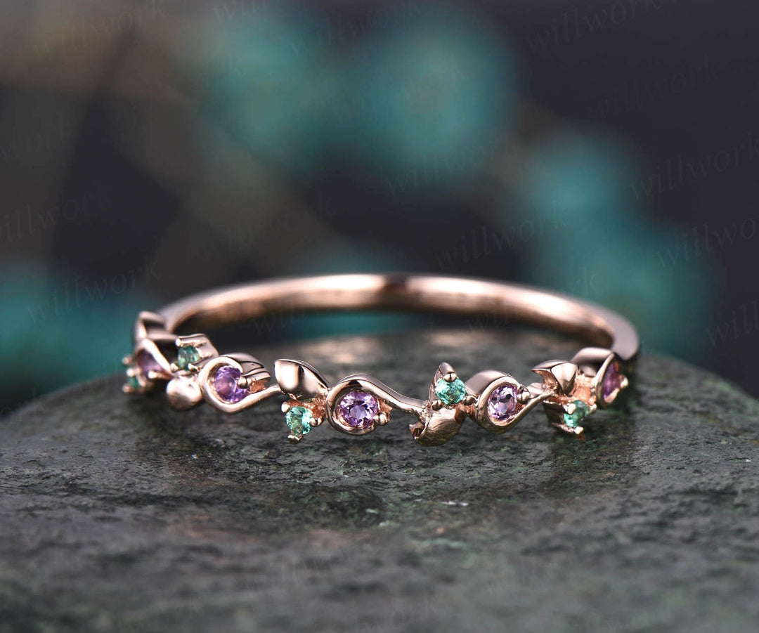 Vintage natural emerald ring emerald wedding band amethyst ring wedding band unique ring May birthstone ring graduation anniversary gift