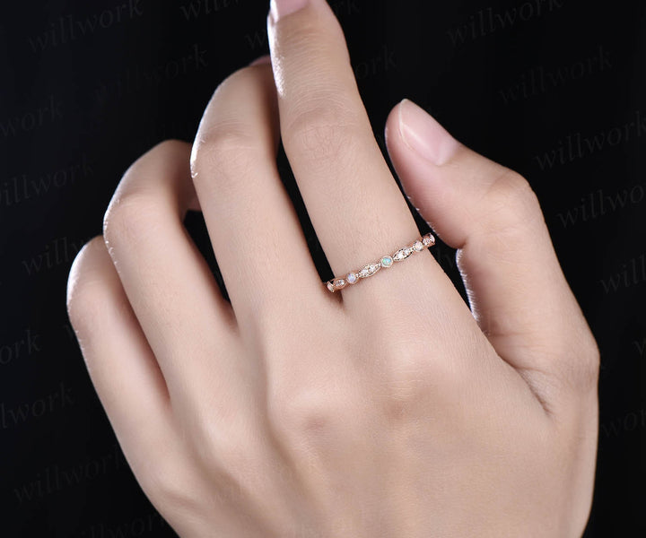 Vintage opal ring opal wedding band 14k rose gold art deco diamond wedding ring band half eternity stacking ring October birthstone ring