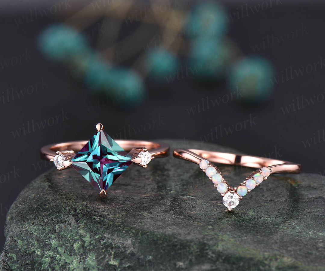 Vintage opal ring rose gold ring set 2pcs princess cut Alexandrite engagement ring set moissanite ring bridal wedding set custom jewelry