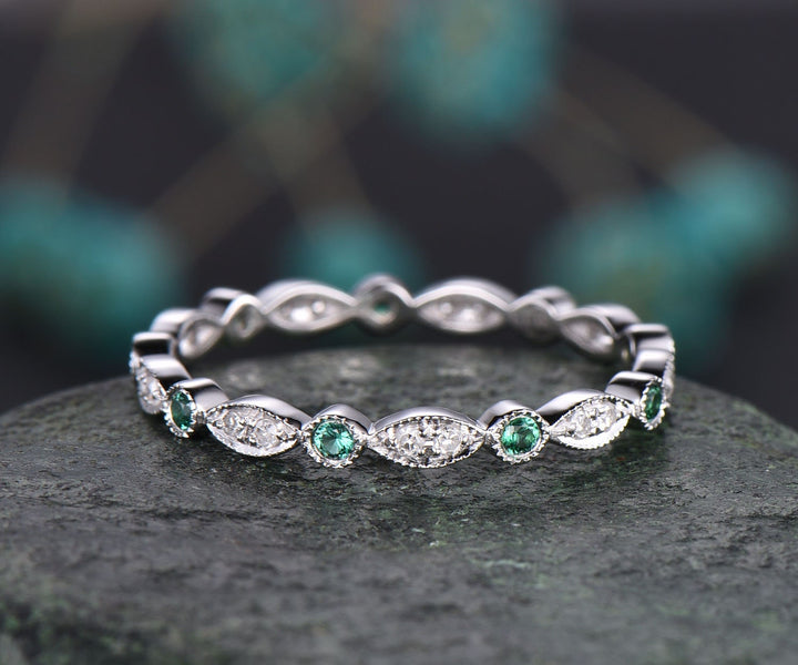 Natural emerald ring Full eternity diamond wedding band art deco ring solid 14k white gold bridal anniversary ring gift