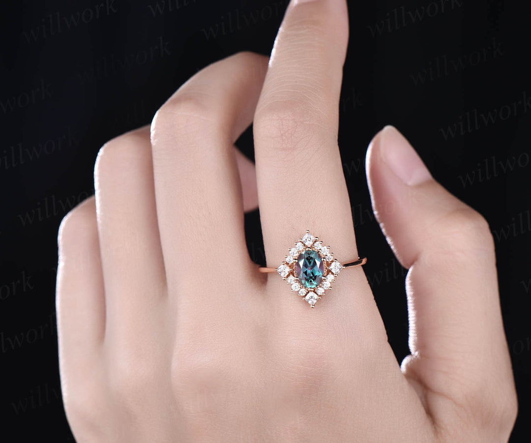 Cluster halo vintage unique engagement ring oval Alexandrite engagement ring rose gold princess cut moissanite ring anniversary gift