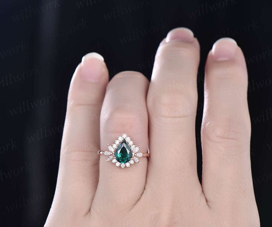 6x8mm pear cut emerald ring vintage unique emerald engagement ring rose gold personalized ring marquise moissanite ring May birthstone ring