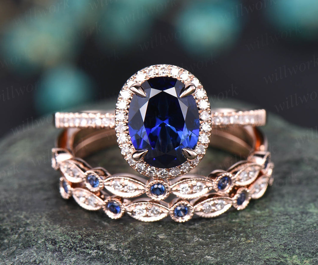 Oval 7x9mm sapphire ring set vintage sapphire engagement ring set diamond natural sapphire ring set white gold September birthstone ring