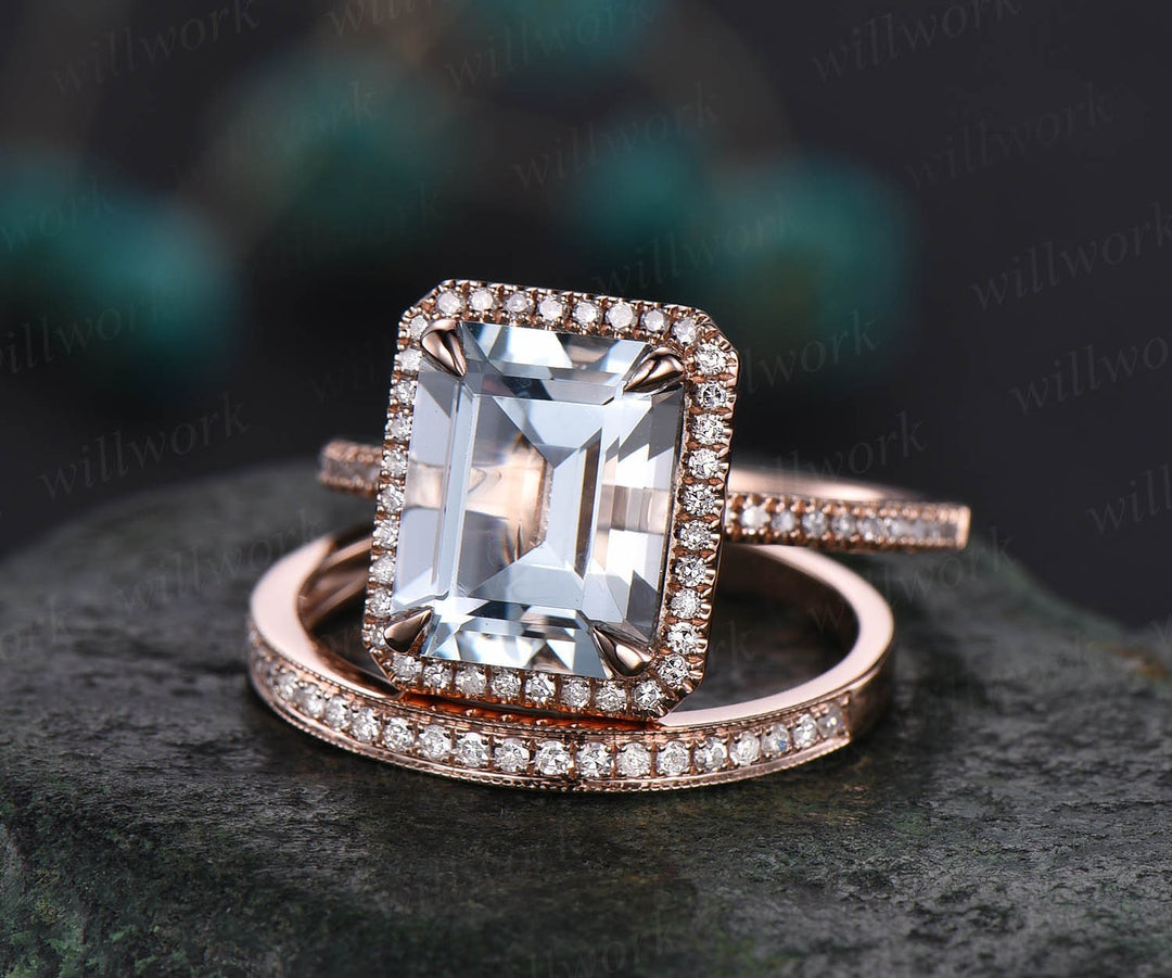 Aquamarine Rose gold ring set 8x10mm emerald cut aquamarine engagement ring vintage diamond halo ring wedding bridal ring set jewelry