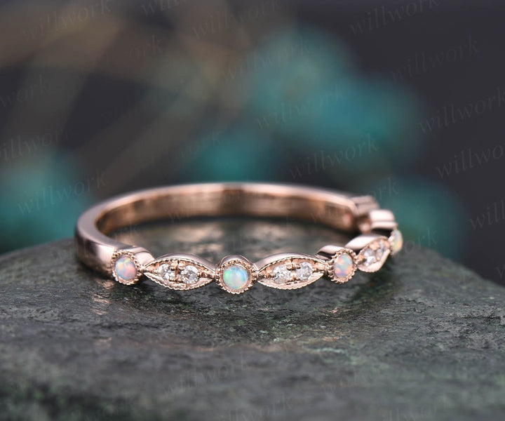Vintage opal ring opal wedding band 14k rose gold art deco diamond wedding ring band half eternity stacking ring October birthstone ring