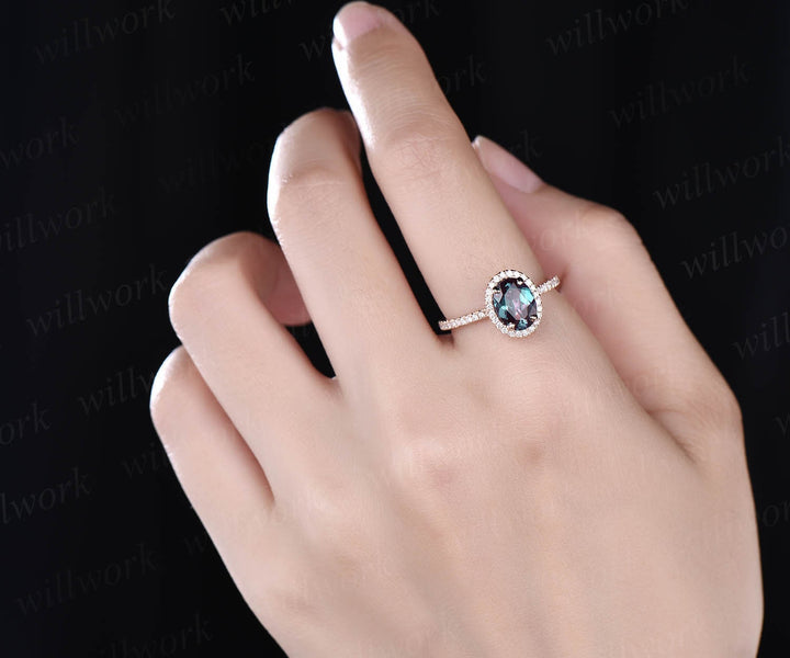 Vintage Alexandrite engagement ring oval Alexandrite ring for women rose gold real diamond halo ring June birthstone ring anniversary gift