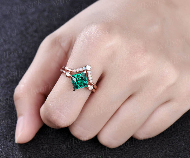 Vintage opal ring rose gold ring set 2pcs princess cut emerald engagement ring set moissanite ring bridal wedding set custom jewelry gift
