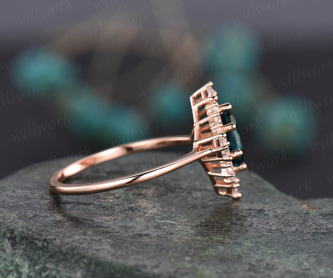 Cluster halo vintage unique engagement ring oval Alexandrite engagement ring rose gold princess cut moissanite ring anniversary gift
