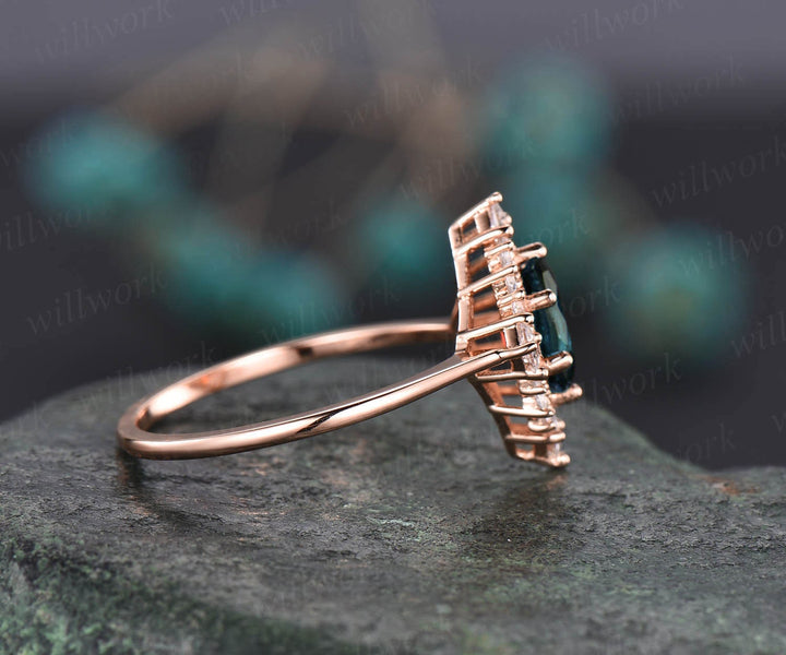 Cluster halo vintage unique engagement ring oval Alexandrite engagement ring rose gold princess cut moissanite ring anniversary gift