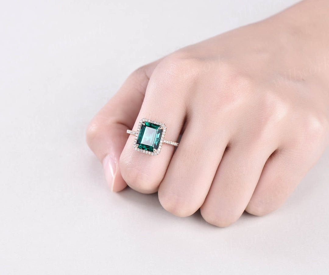 8x10mm emerald cut emerald engagement ring 14k rose gold diamond halo ring May birthstone ring vintage emerald ring jewelry anniversary gift