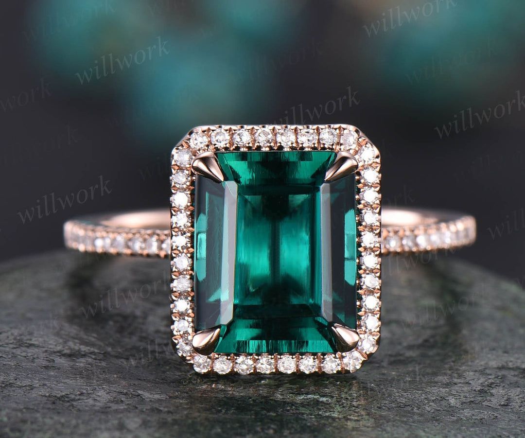 8x10mm emerald cut emerald engagement ring 14k rose gold diamond halo ring May birthstone ring vintage emerald ring jewelry anniversary gift