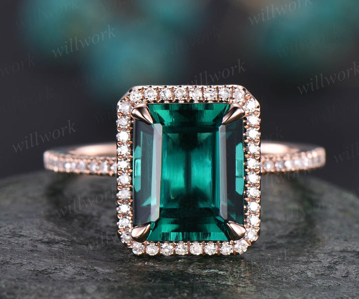 8x10mm emerald cut emerald engagement ring 14k rose gold diamond halo ring May birthstone ring vintage emerald ring jewelry anniversary gift