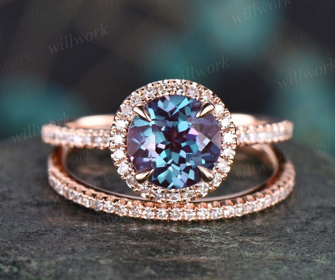 2pcs Alexandrite Ring Set Alexandrite Engagement Set Diamond Halo Alexandrite Wedding June Birthstone Ring Set Anniversary Gift For Her
