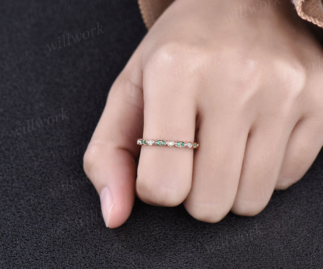 Natural emerald wedding band half eternity diamond wedding ring band vintage emerald ring for women rose gold May birthstone ring jewelry