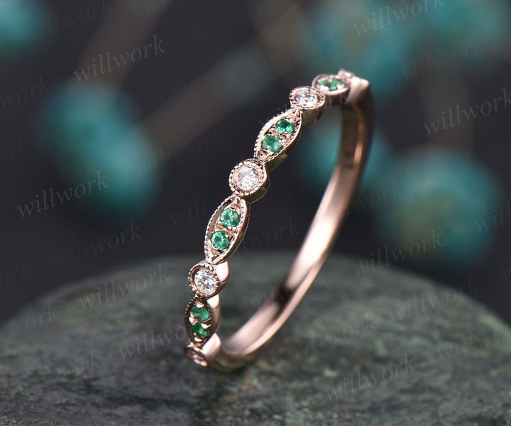 Natural emerald wedding band half eternity diamond wedding ring band vintage emerald ring for women rose gold May birthstone ring jewelry