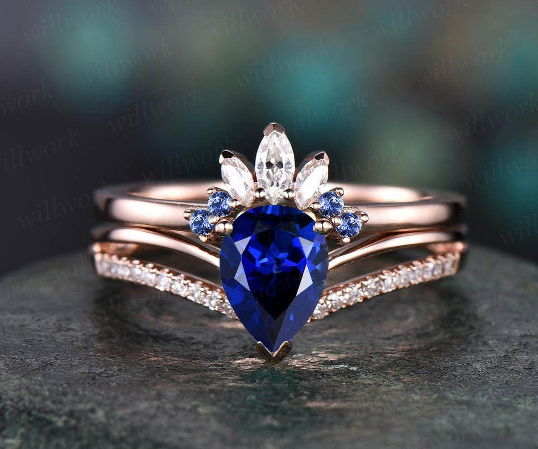 Pear sapphire wedding bridal set 2pc sapphire engagement ring set rose gold marquise moissanite ring natural sapphire wedding band for women