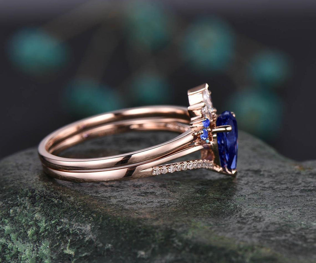 Pear sapphire wedding bridal set 2pc sapphire engagement ring set rose gold marquise moissanite ring natural sapphire wedding band for women