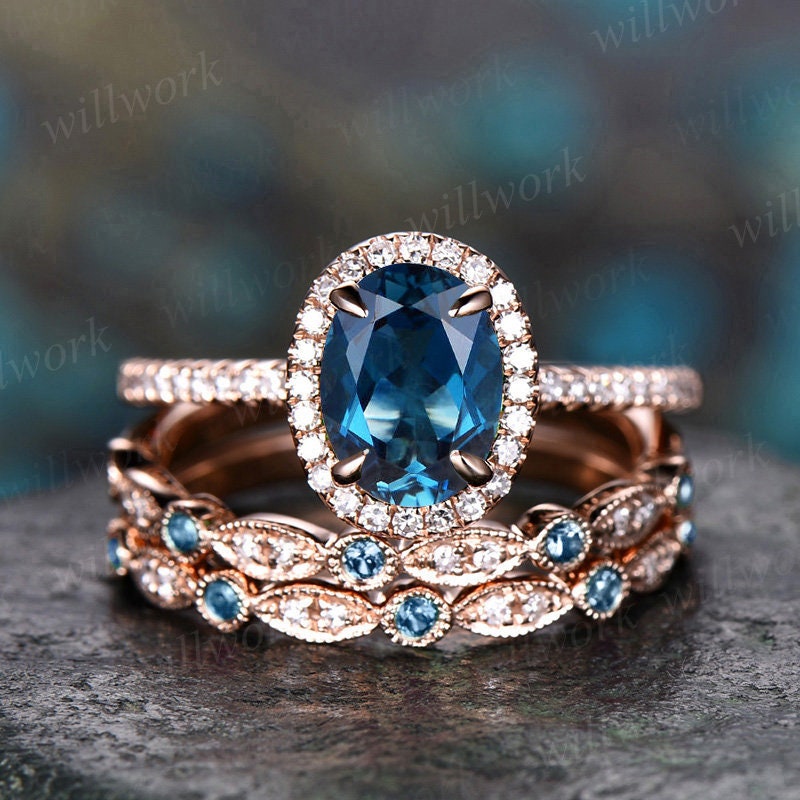 Diamond And Topaz Engagement Ring 3pcs Oval London Blue Topaz