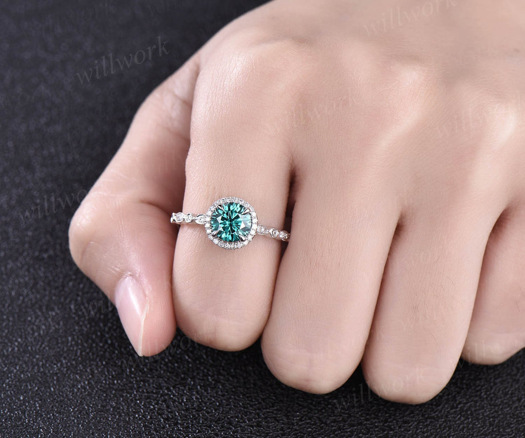 Rose gold ring 1ct Green moissanite engagement ring Colorful moissanite ring art deco diamond ring bridal wedding promise ring unique gift