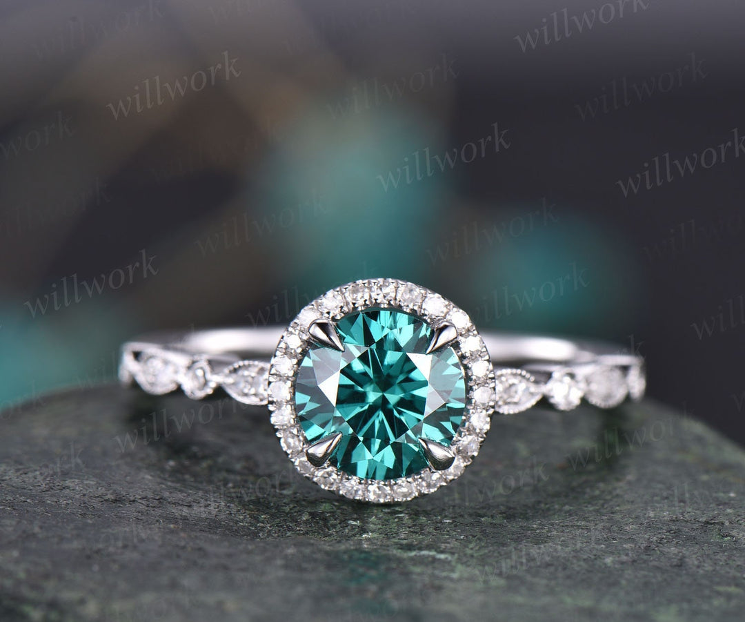 Rose gold ring 1ct Green moissanite engagement ring Colorful moissanite ring art deco diamond ring bridal wedding promise ring unique gift